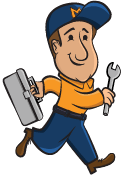 Mountain Heating & Cooling cartoon mascot named Ole running while holding a wrench and a toolbox
