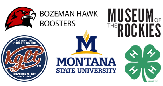 graphic collage containing Bozeman Hawk Boosters, Museum of the Rockies, KGLT, Montana State University, and 4H logos